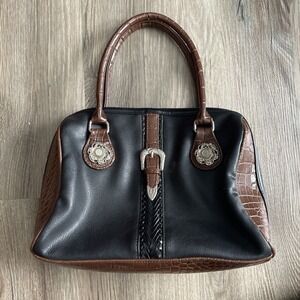 Vintage Jaclyn Smith Black Leather Brown Alligator Snake Skin Print Shoulder Bag